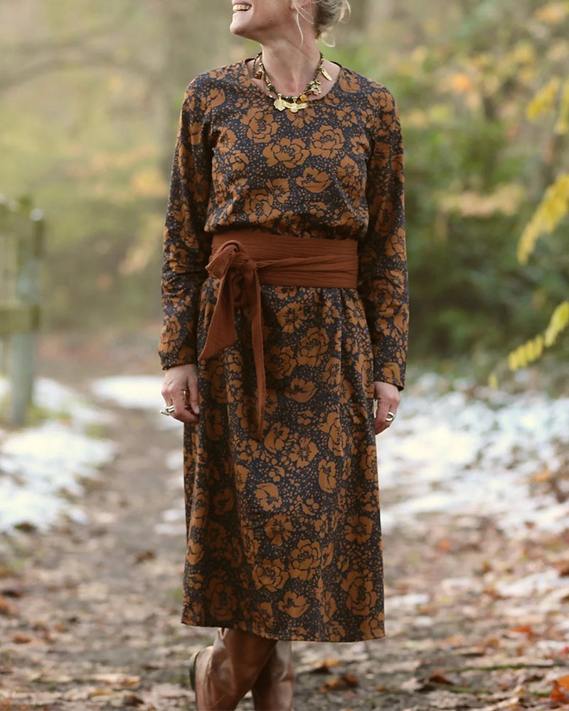 Klänning Blommigt Mönster Rund Hals Lös Passform