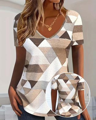 T-shirt Med Casual Färgblock U-formad Hals