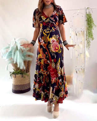 Elegant tryckt v-ringad kortärmad klänning