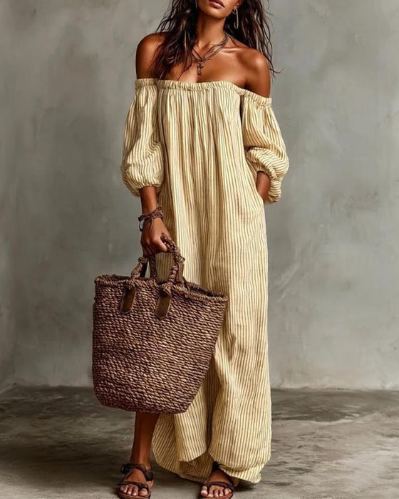 Klänning Löst Off-Shoulder Randig