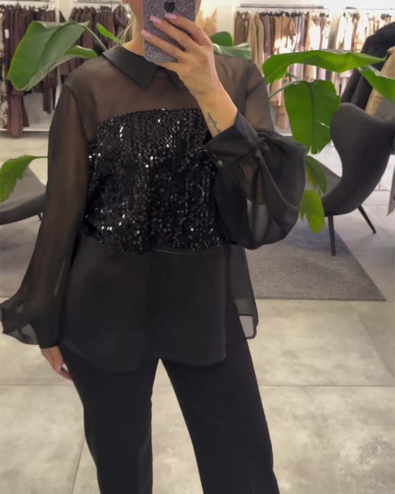 Blus Enfärgad Puffärm Krage