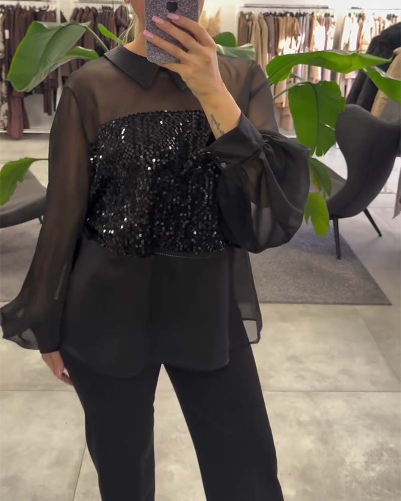 Blus Enfärgad Puffärm Krage