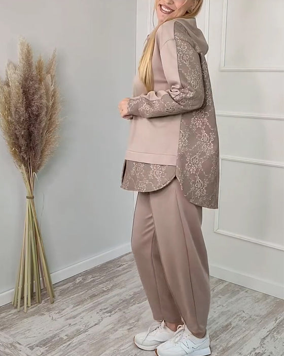 Tvådelat Set Moderiktig Långärmad Lapptäcks Jacquard