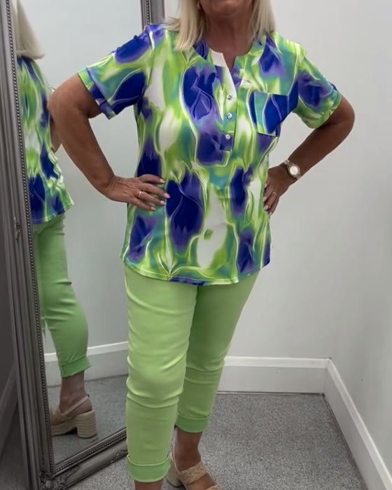 Blus Henley Hals Ombre Tryck Kort Ärm Ficka