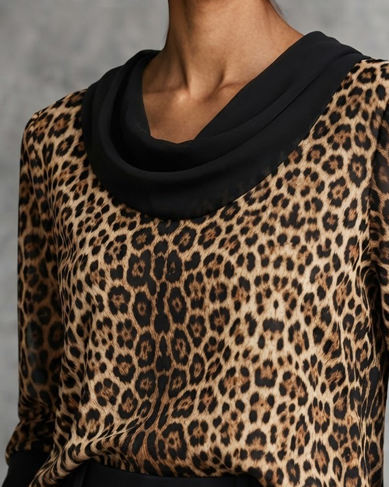 Blus Mock Neck Leopard Armbågslång Ärm