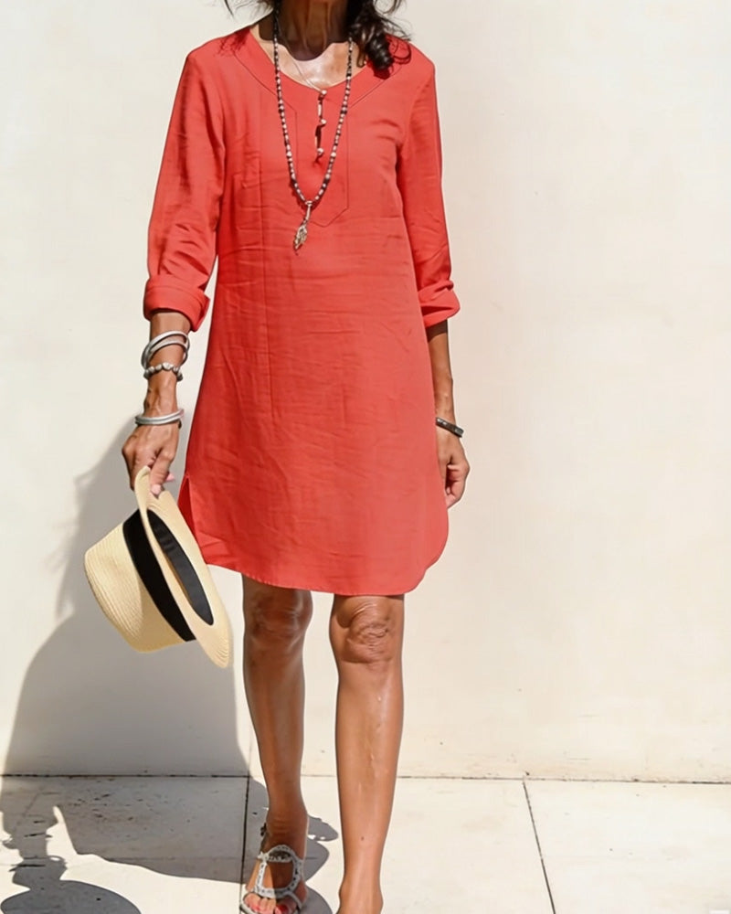 Klänning Halvknäppning Sidoslits Bomull Och Linne