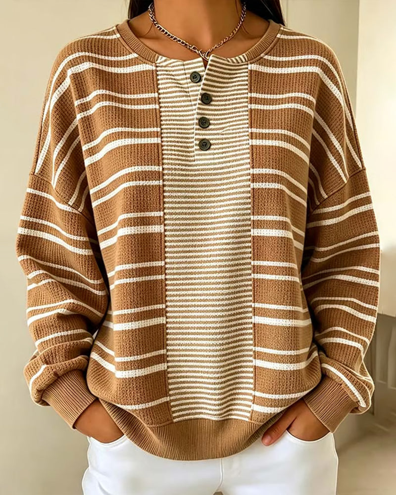 Sweatshirt Randig Patchwork Lång Ärm Henley