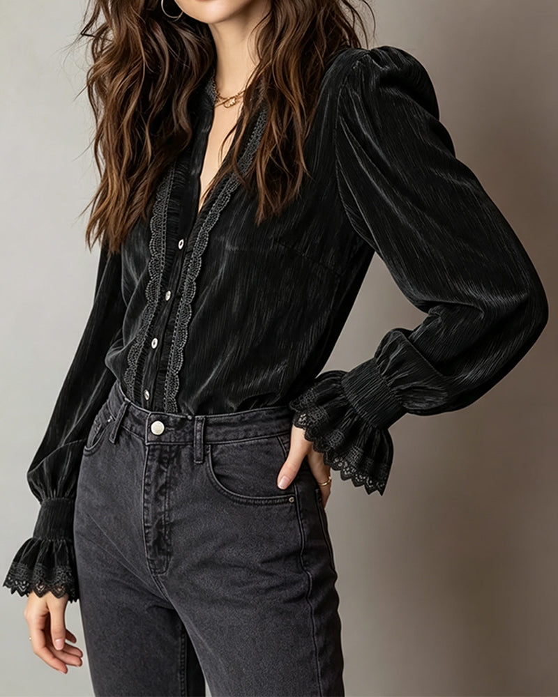 Blus Puffärm Ruffle Knapp Fram