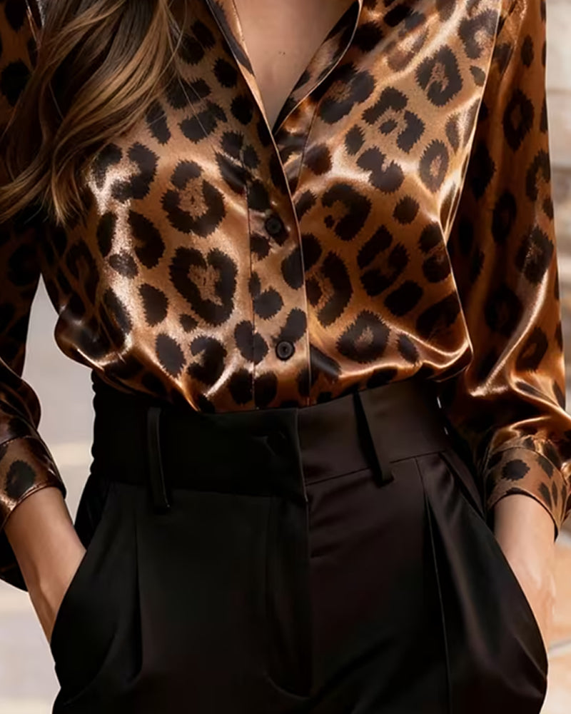 Blus Krage Leopard Tryck Långärmad Drapad