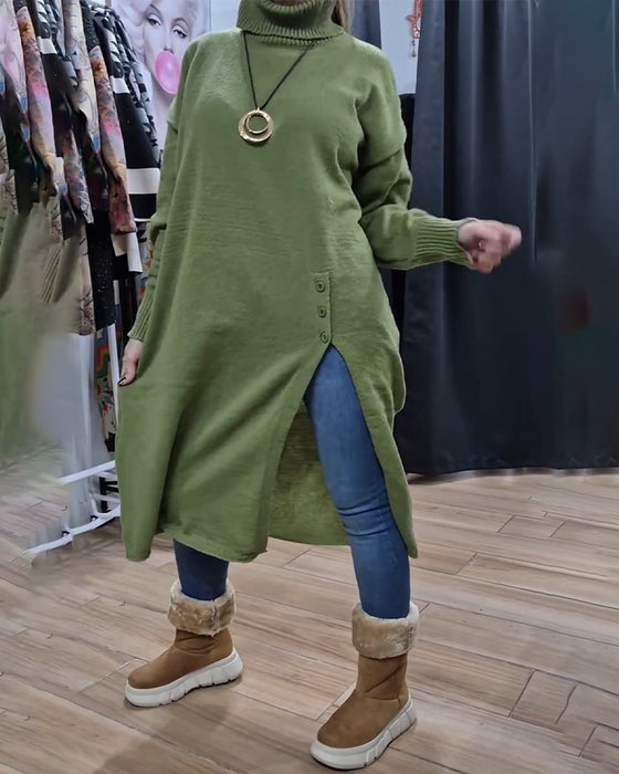 Pullover Turtleneck Knapp Slits Lång