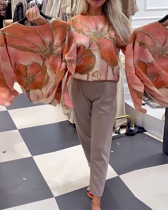 Rundhalsad Tryckt Lös Tröja