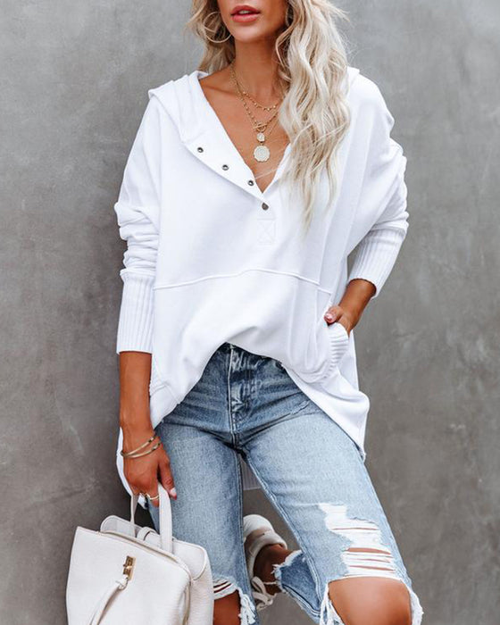 Tröja avslappnad v-ringad huva enfärgad lös