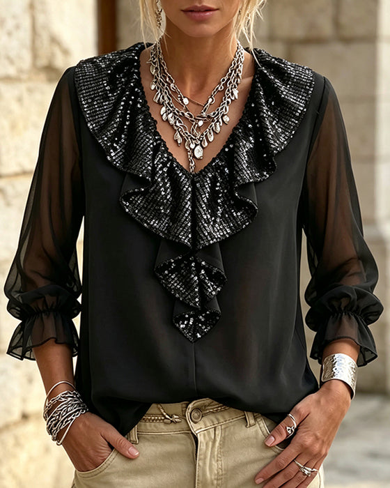 Blus Stilig V-Hals Spetskant Sheer