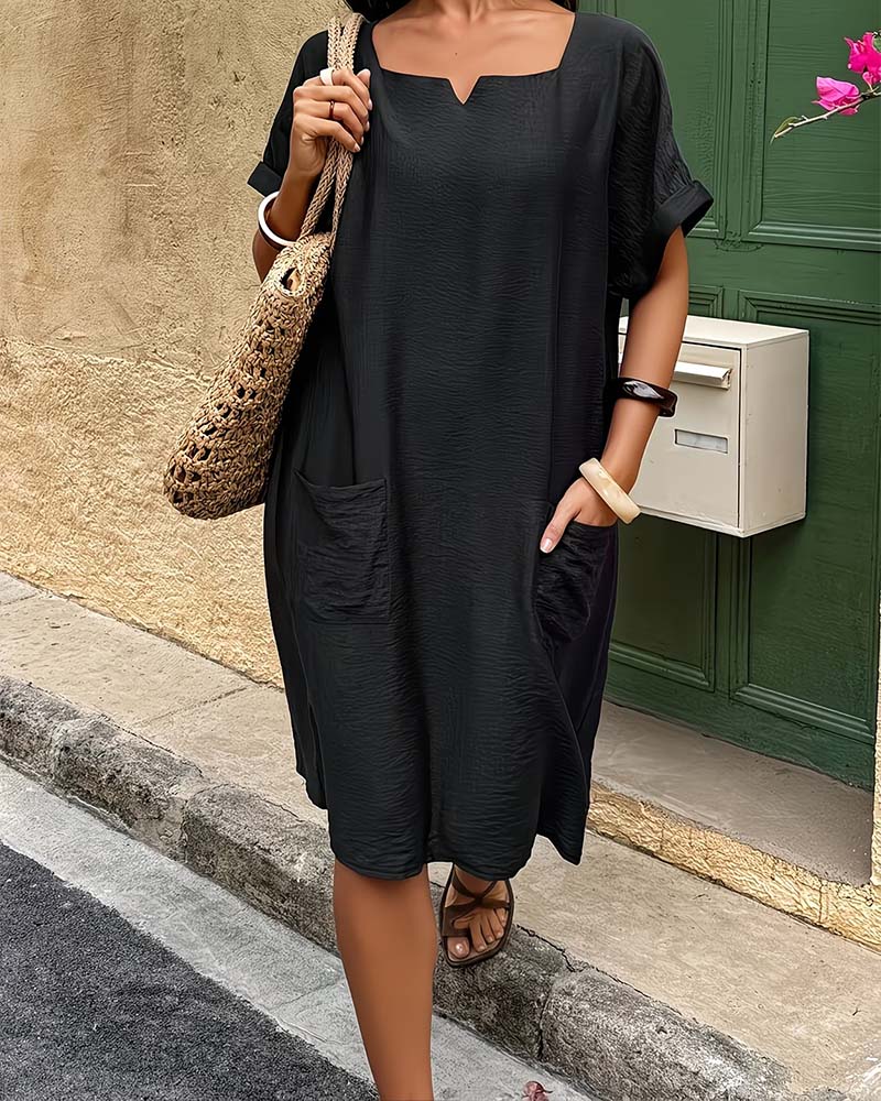 Klänning Fyrkantig Hals Rullad Fåll Kort Ärm Lös Ficka