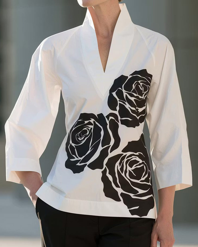 Blus V-Hals Blommig Tryck