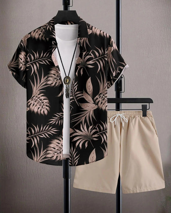 Set Krage Palm Blad Tryck Kortärmad