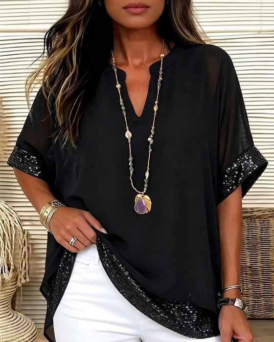 Blus Paljett Patchwork Sheer Lös
