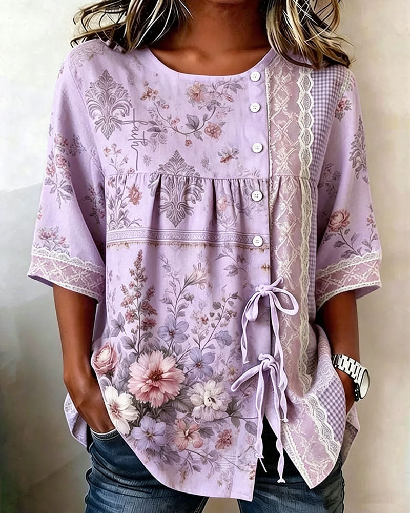 Blus Retro Blommönster Avslappnad