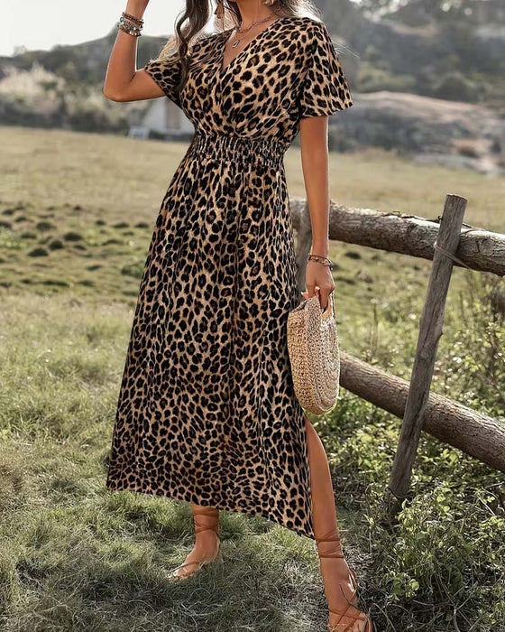Klänning Leopard V-Hals Elastisk Midja A-Linje