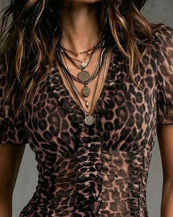 Blus V-Hals Leopard Tryck Ruffle Puffärm