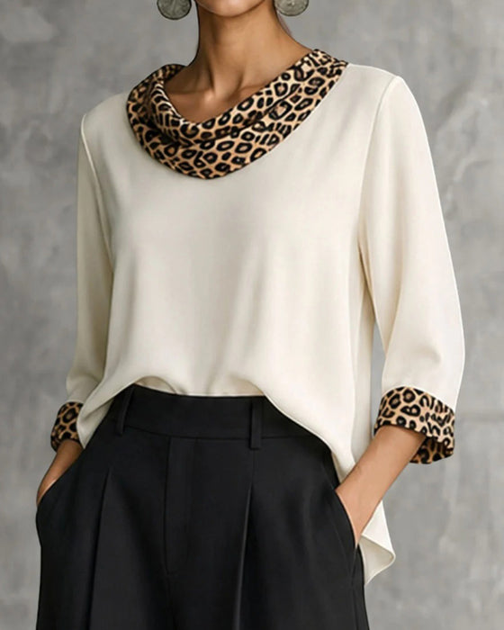 Blus Leopard Panel Cowl Neck Armbågslång Ärm