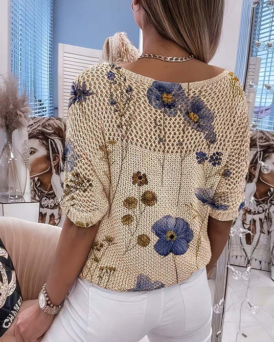 Pullover Rundhals Blommig Urholkning Lös