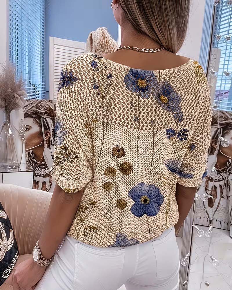 Pullover Rundhals Blommig Urholkning Lös