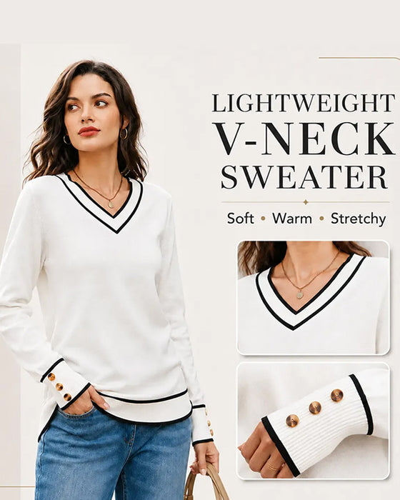 Pullover Med Färgblock V-Hals Och Tryckknappar