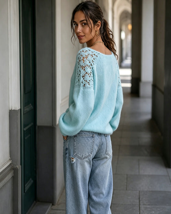 Pullover Med Urklipp Spetsdetalj Och Patchwork