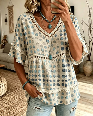 Blus Fringe V-Hals Prickig Babydoll