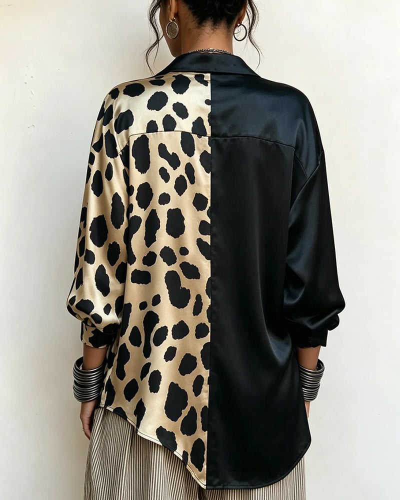 Blus Oregelbundet Leopardmönster Knappad