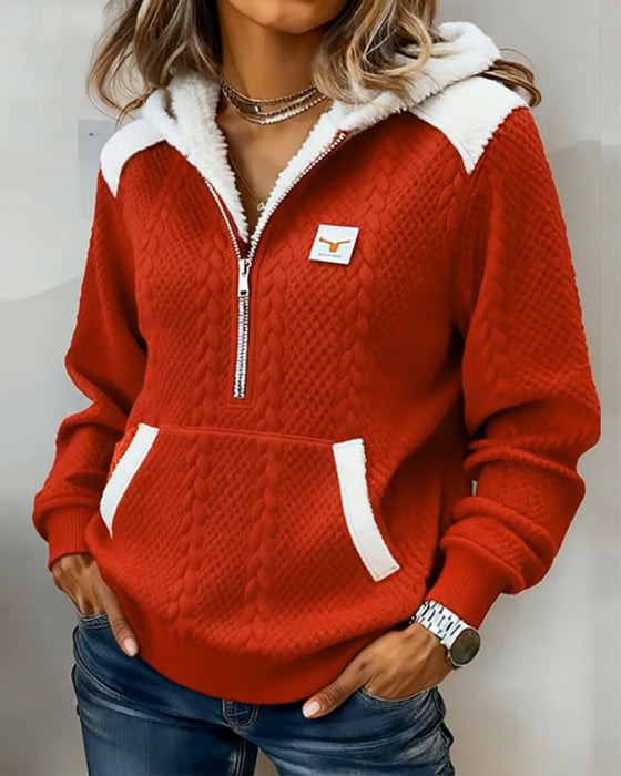 Hoodie Med Halvkrage Och Färgblock Samt Ficka