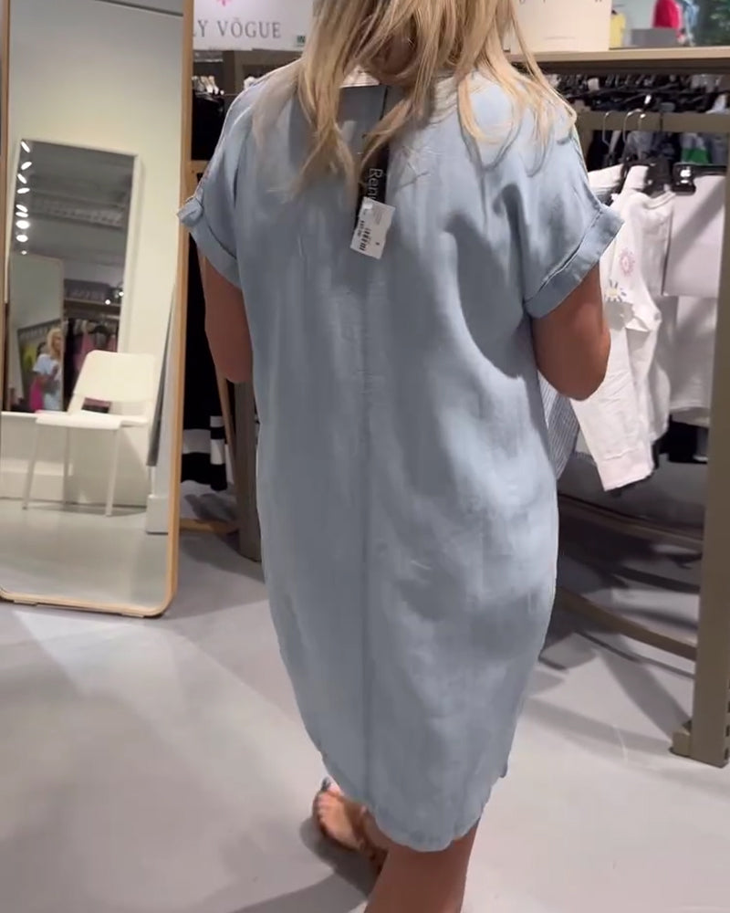 Klänning V-Hals Kort Ärm Denim Avslappnad