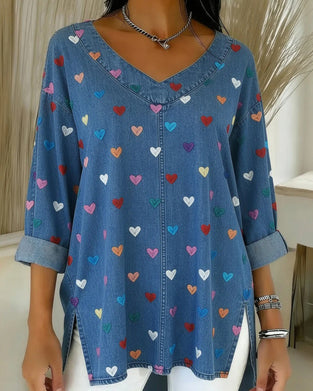 Topp Hjärta Tryck Denim V-Hals