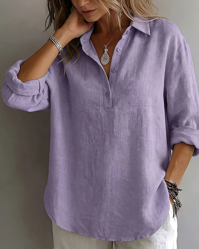 Blus Enfärgad Krage Halvknäppning Långärmad