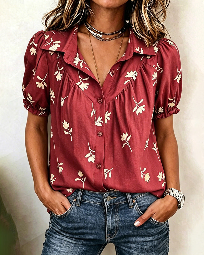 Blus Bubbel Ärm Casual Rynkad