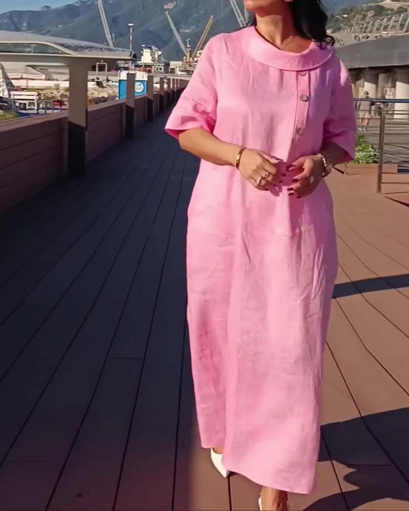 Klänning Krage Knapp Kort Ärm Shift