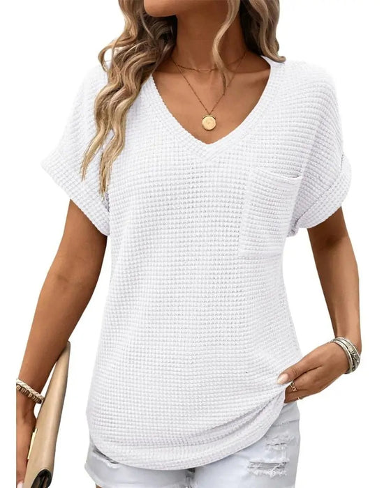 T-Shirt Dam Våffelstickad V-ringning Casual Sommar