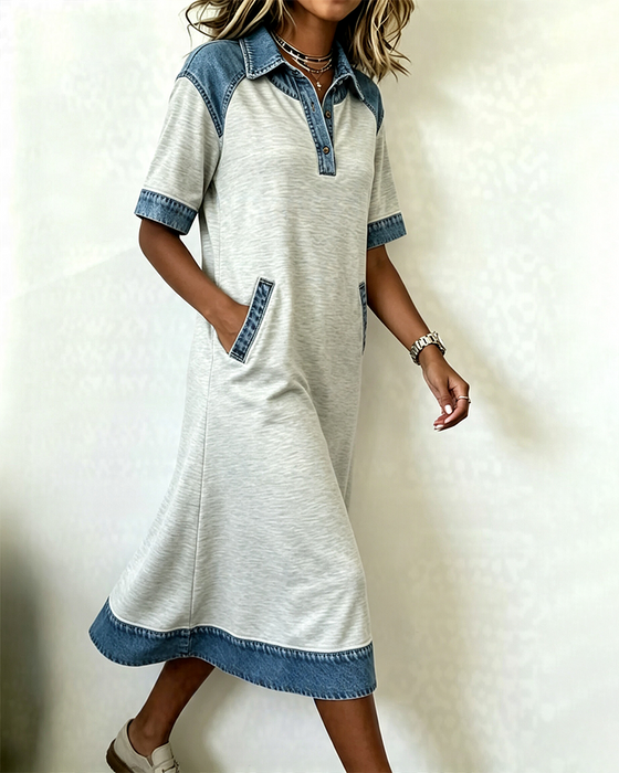 Klädning Skjortkrage Denim Patchwork Ficka