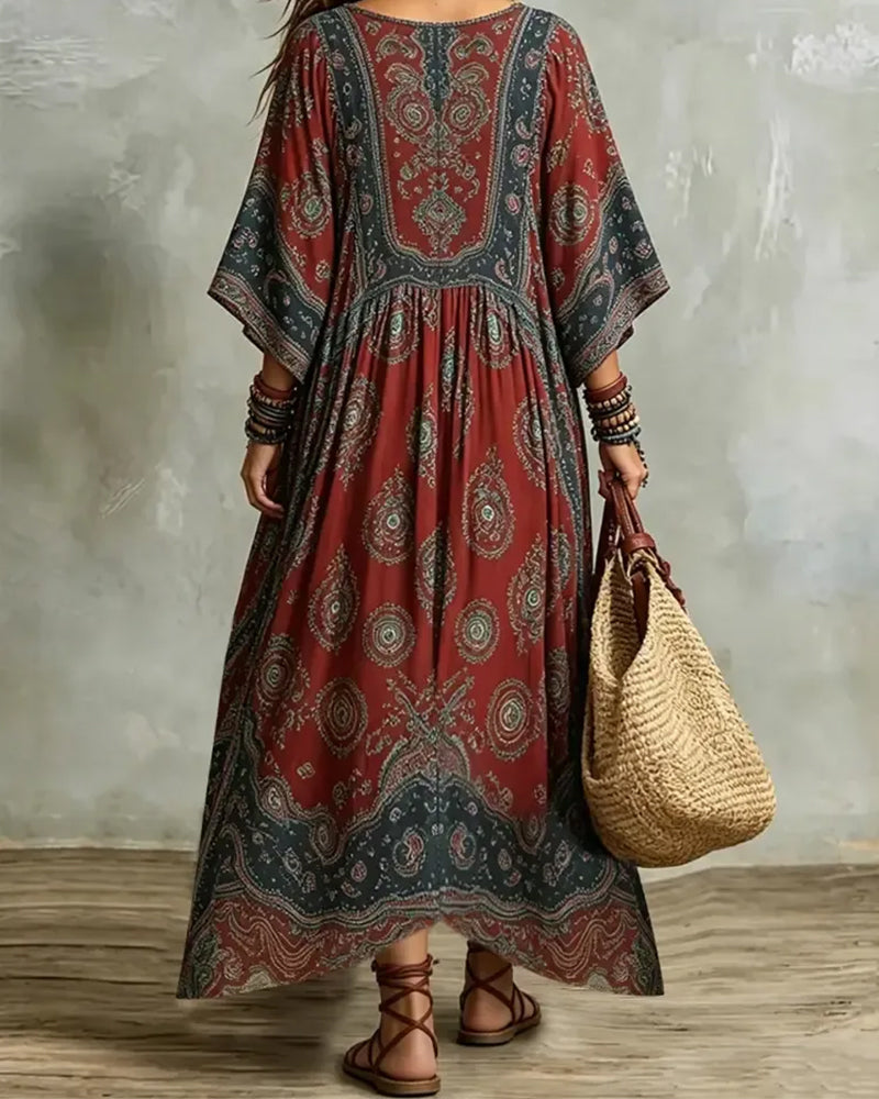 Klänning Vintage Bohemisk V-Ringning Tryckt Maxi