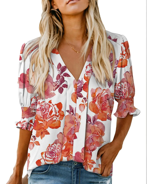 Blus Elegant Småblommigt Mönster