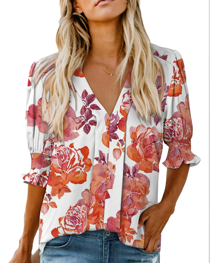 Blus Elegant Småblommigt Mönster