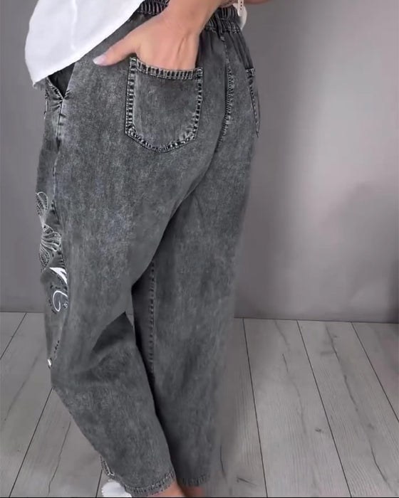 Jeans Blommigt Tryck Nött