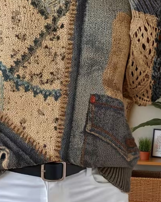 Pullover V-Hals Färgblock Urholkning Lös