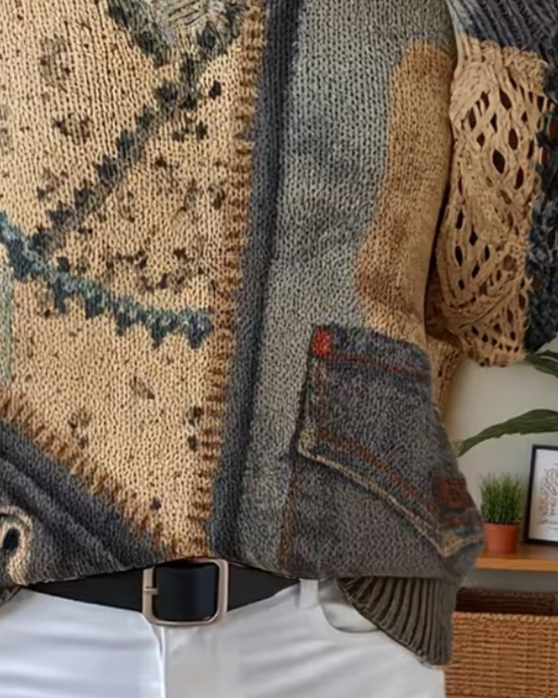 Pullover V-Hals Färgblock Urholkning Lös