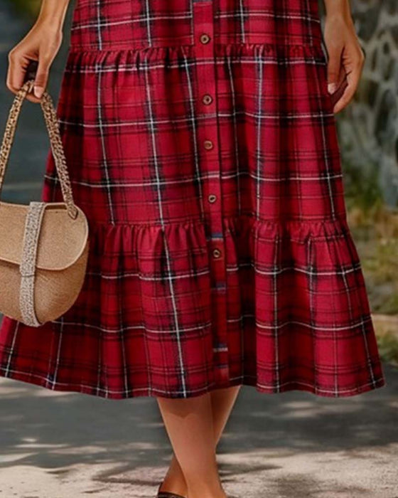 Klänning Plaid Sju-Kvart Ärm Skiktad