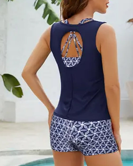 Tankinis Rundhals Ärmlös Geometrisk Tryck Pojke Shorts