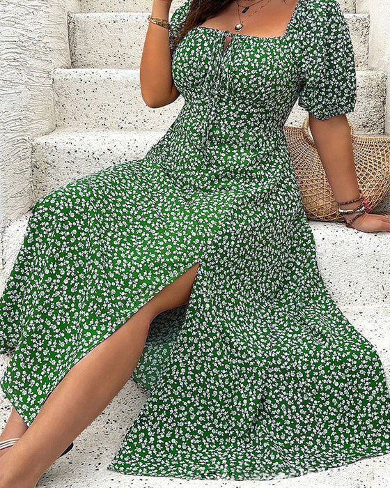 Klänning Kort Ärm Slits Blommönstrad