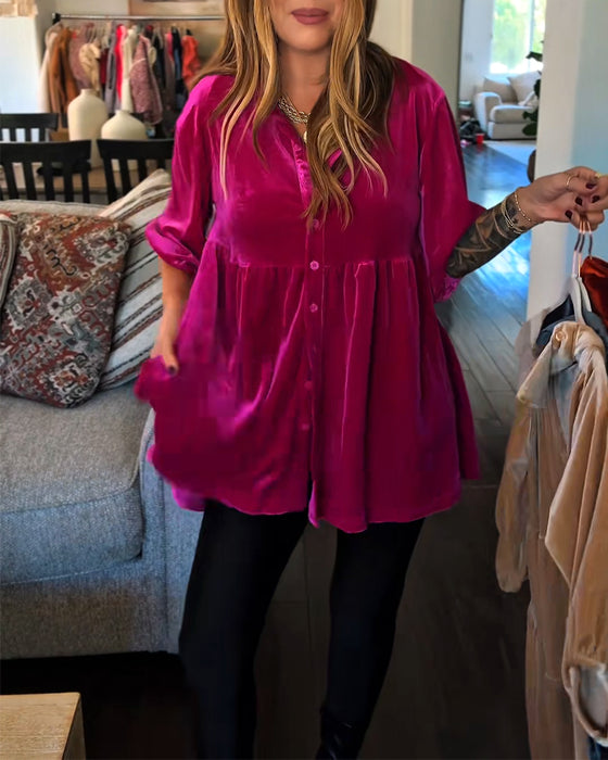 Löst Sittande Sammetsblus Med Trekvartsärmar