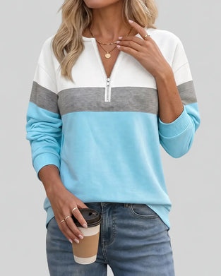 Sweatshirt Med Dragkedja, Ståkrage Och Färgblockering Långärmad